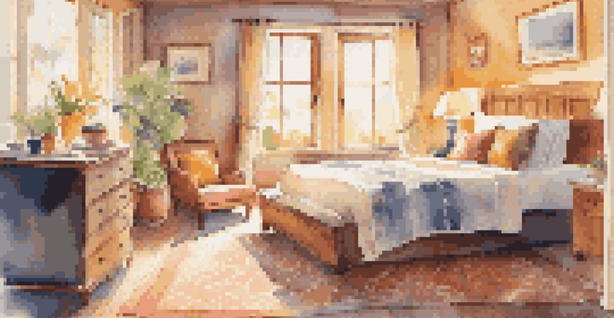 A pet-friendly hotel room with a cat lounging on the bed and pet essentials.