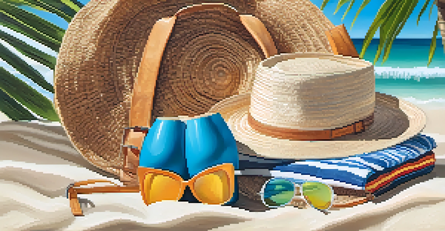 A close-up of a beach bag filled with sunscreen, a hat, sunglasses, and a water bottle, set against a backdrop of palm leaves in warm sunlight.