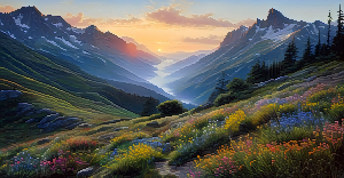 A peaceful mountain scene at sunrise with mist in the valleys and a winding hiking trail adorned with colorful wildflowers.