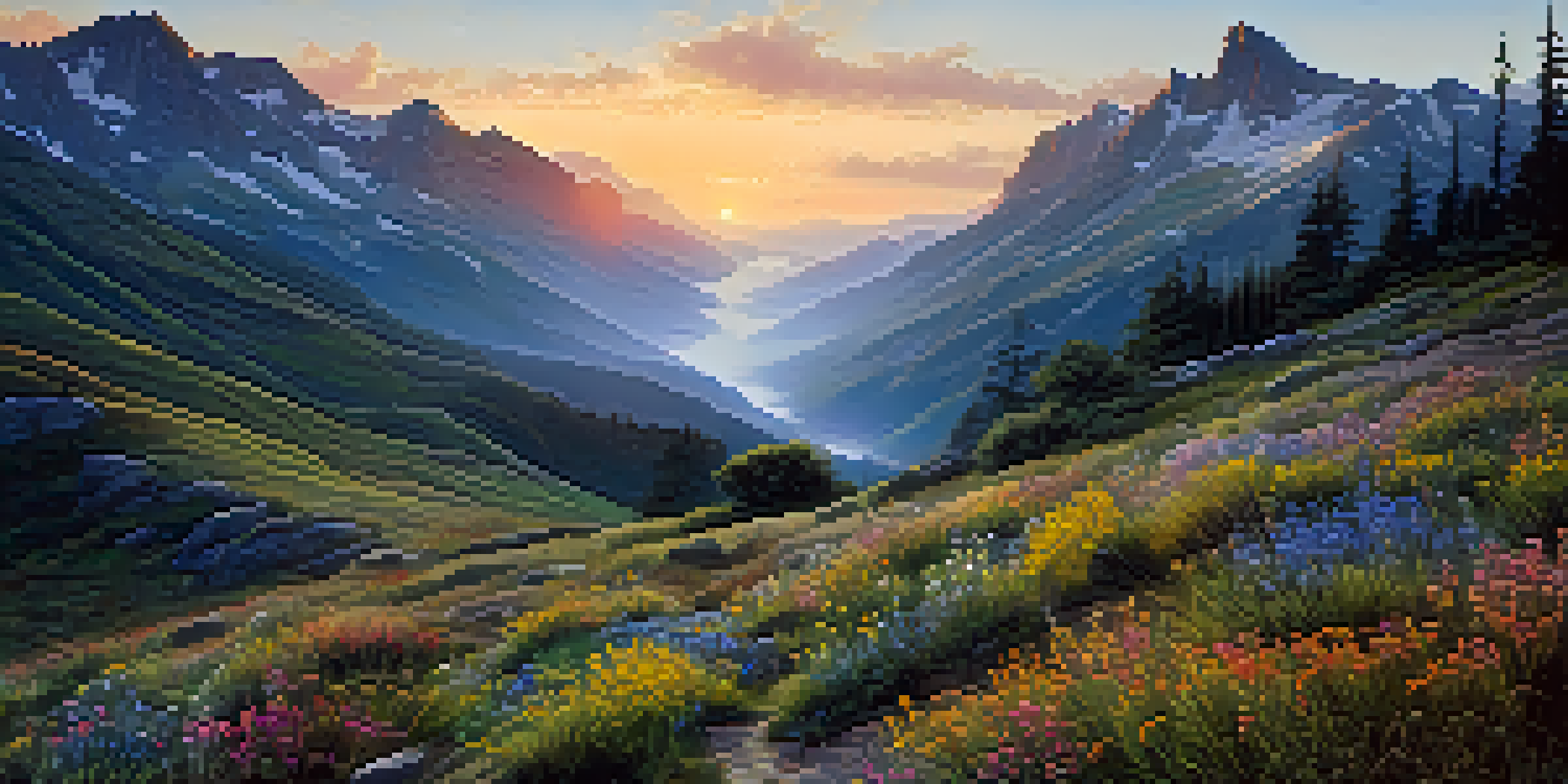 A peaceful mountain scene at sunrise with mist in the valleys and a winding hiking trail adorned with colorful wildflowers.
