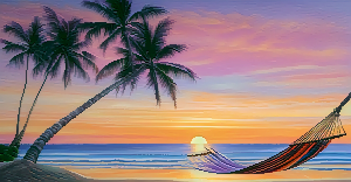 A peaceful beach at sunset with waves, golden sand, and palm trees, featuring a hammock between two trees.