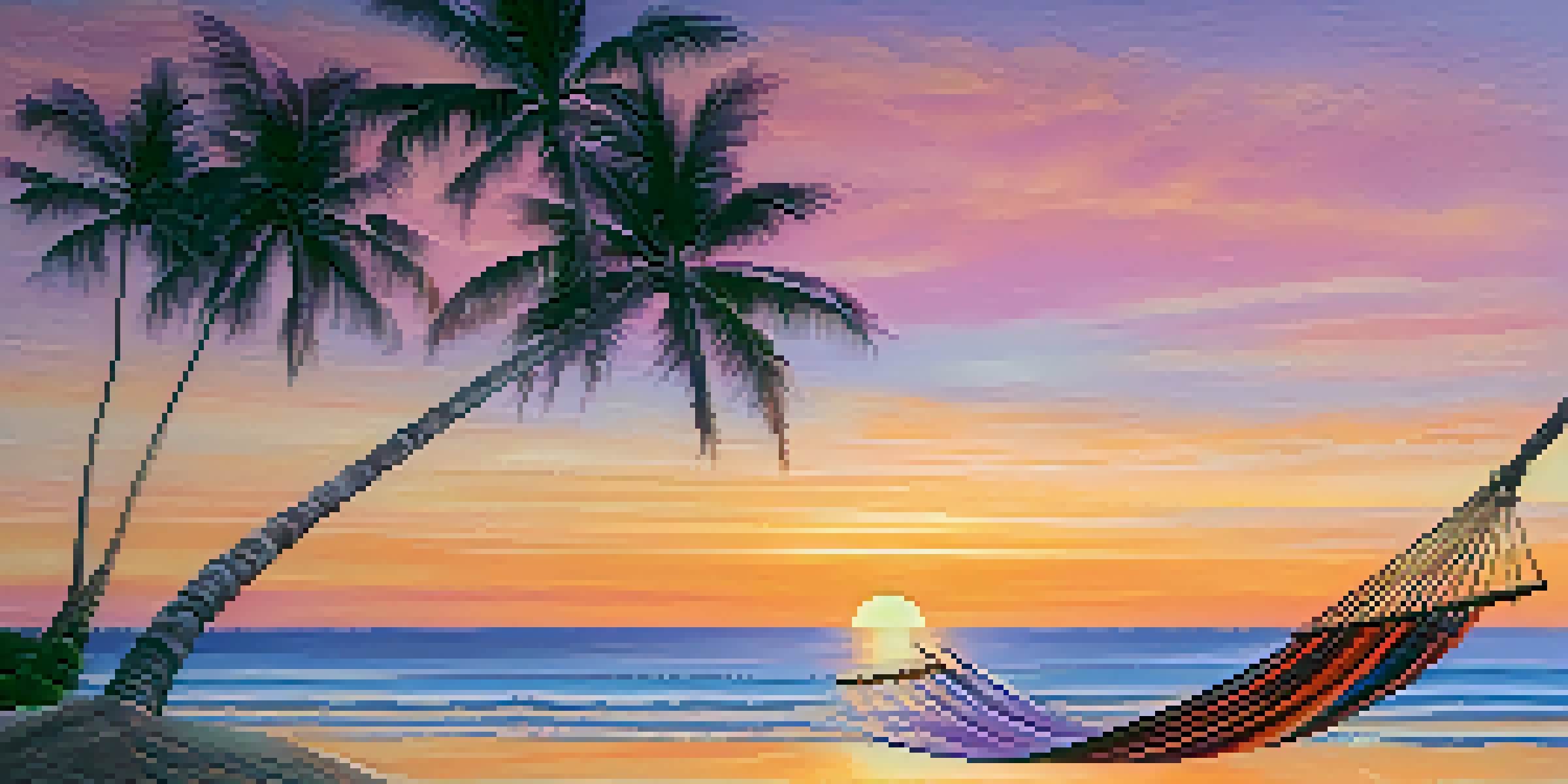 A peaceful beach at sunset with waves, golden sand, and palm trees, featuring a hammock between two trees.