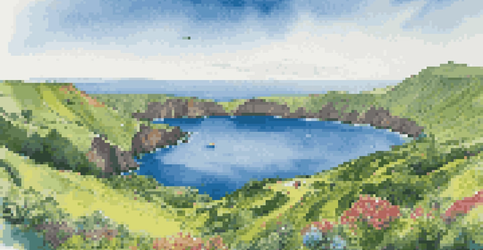 A beautiful scenic view of the Azores with green hills, volcanic craters, and a bright blue ocean, showcasing eco-conscious travelers on a whale watching tour.