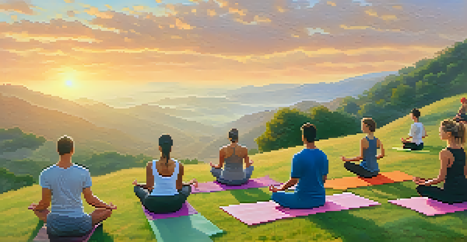 A diverse group of people practicing yoga at sunrise on a grassy hill, with a tranquil valley in the background.