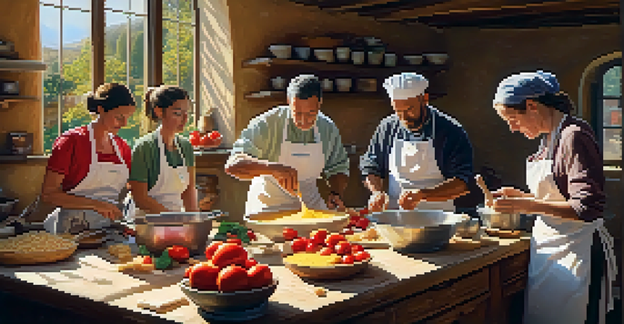 A lively cooking class in Tuscany with participants making pasta, surrounded by fresh ingredients and sunlight streaming through the windows.