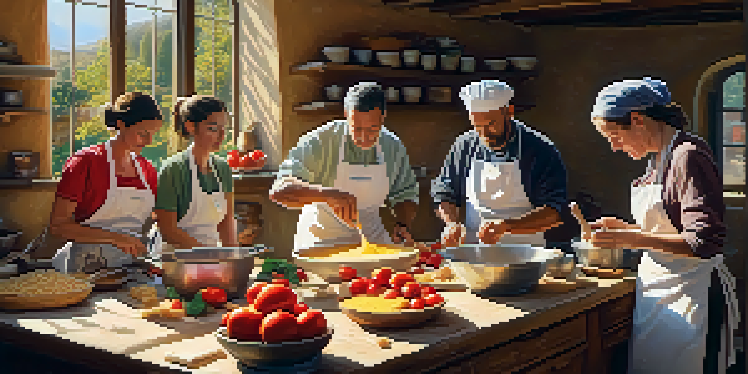 A lively cooking class in Tuscany with participants making pasta, surrounded by fresh ingredients and sunlight streaming through the windows.