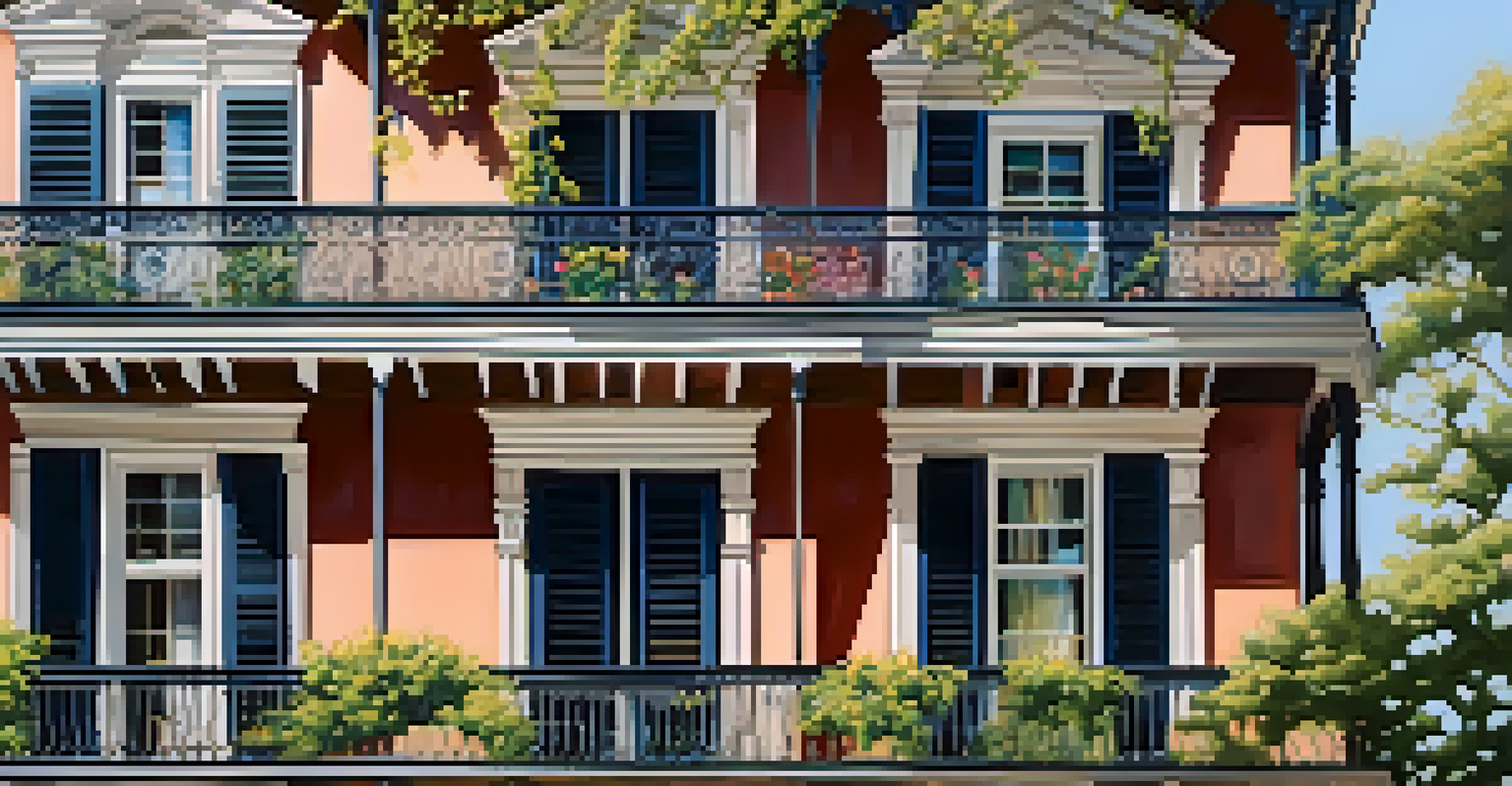 A close-up of a historic home in Savannah showcasing wrought-iron balconies and colorful shutters.