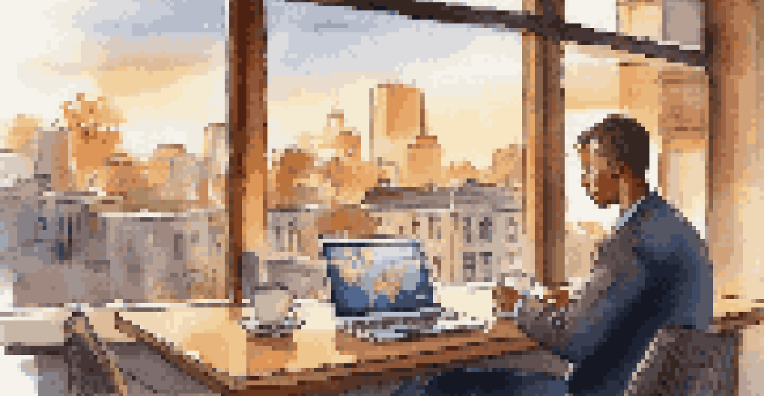 A business traveler at a cafe researching their destination on a laptop with maps and emergency information, a cityscape visible outside.