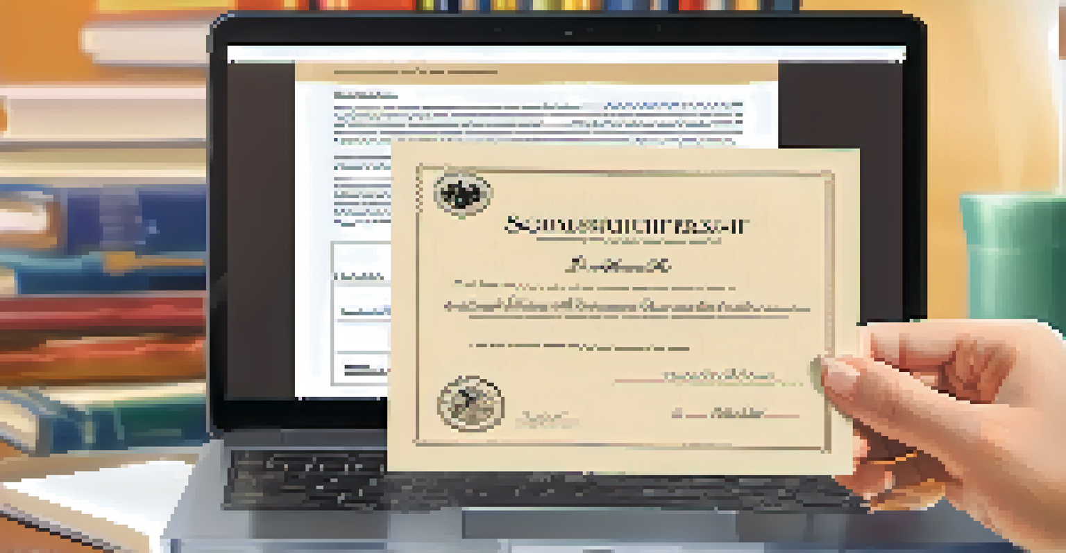 A close-up of a hand holding a scholarship letter with a laptop and coffee cup in the background.