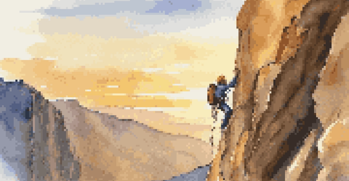 A climber in a harness and helmet ready to climb a rock face during sunset.