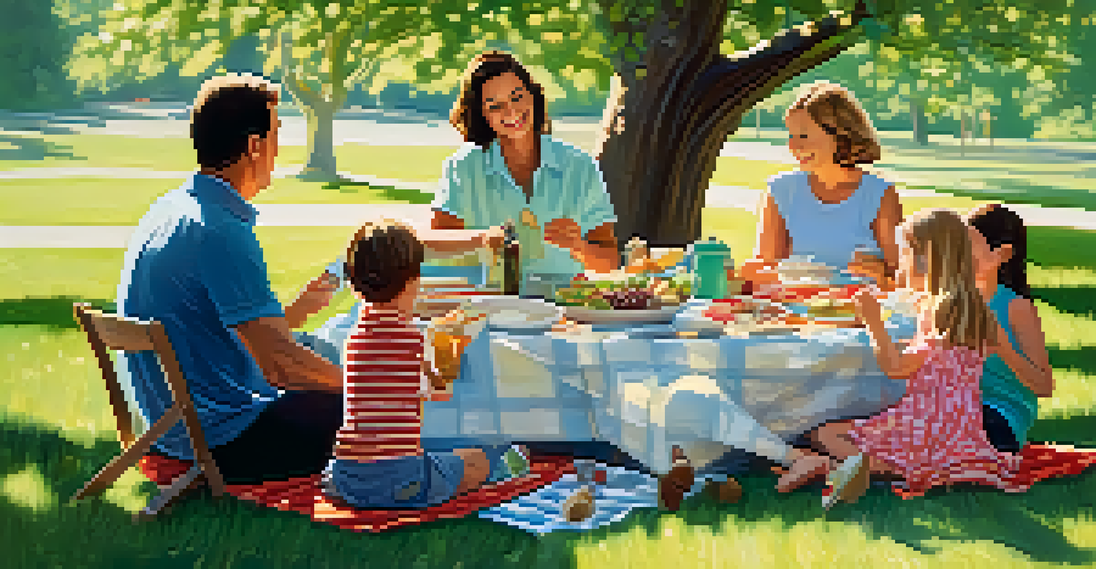 A multi-generational family enjoying a picnic in a sunlit park, with children playing nearby and food spread on a blanket.