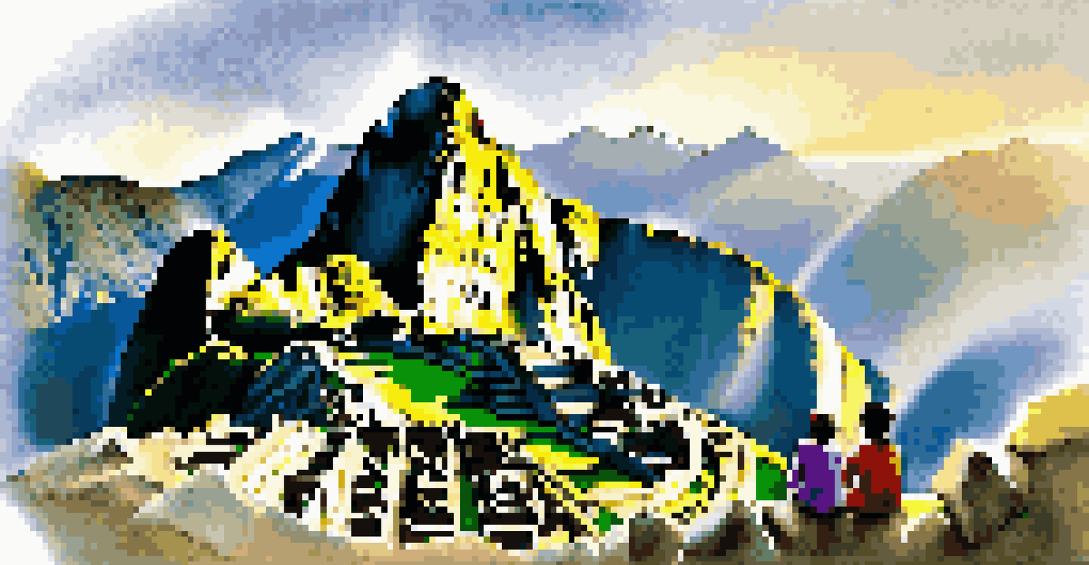 A family watching the sunrise over Machu Picchu, surrounded by misty mountains and ancient ruins.