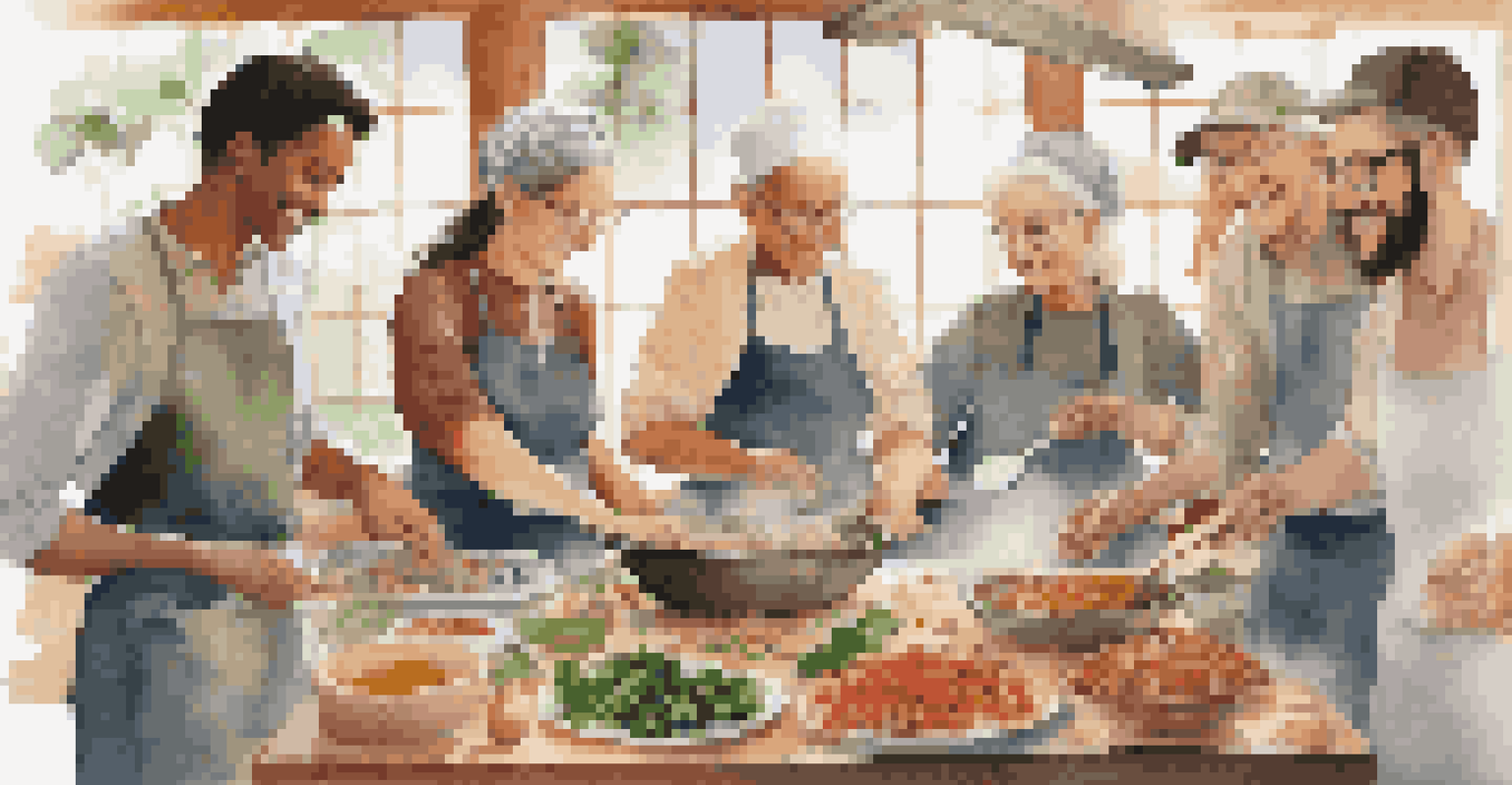 Volunteers participating in a cooking class, learning to prepare a traditional dish together in a warm, inviting environment.