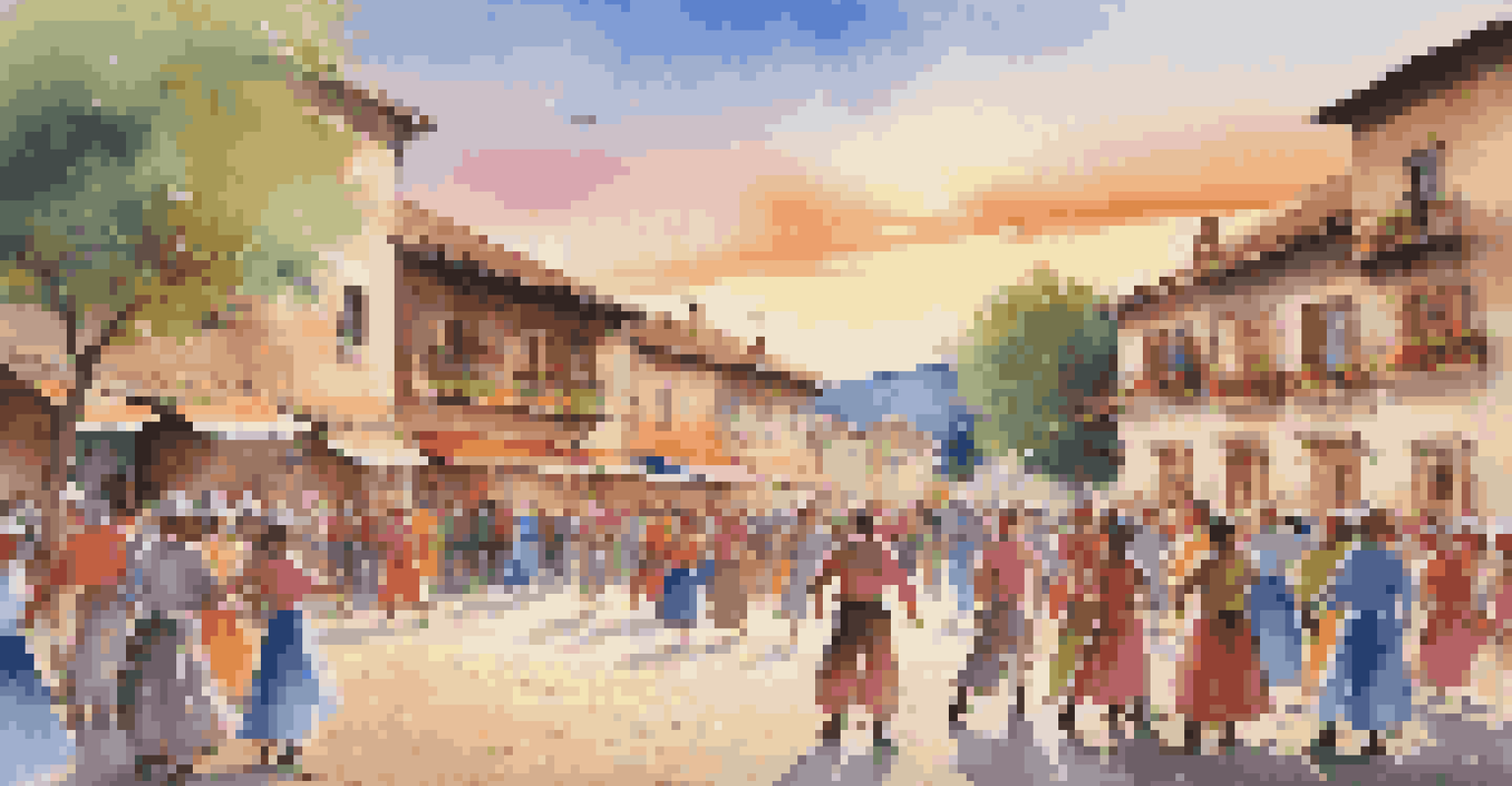 A village square filled with locals performing traditional dances for tourists, with colorful decorations and a sunset in the background.