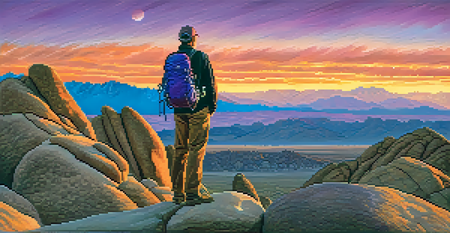 A hiker on a rocky ledge at sunset, overlooking unique rock formations and a colorful sky.