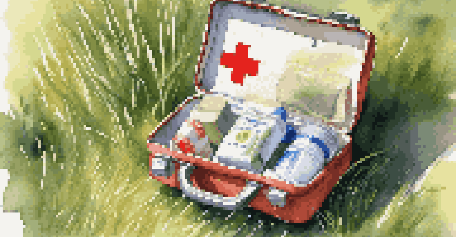 An open first aid kit on grass, showing band-aids, antiseptic wipes, and a flashlight in a bright outdoor setting.
