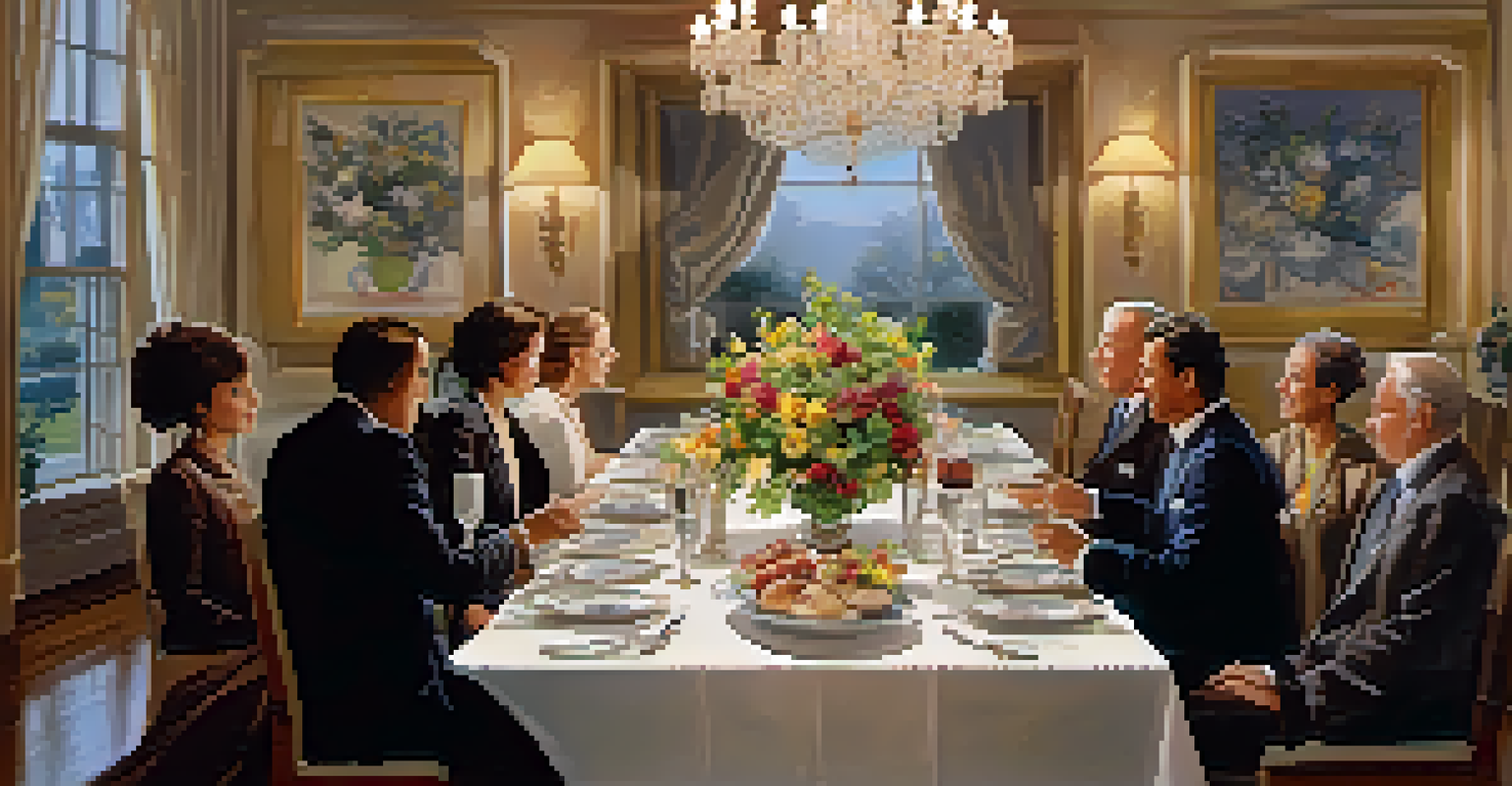 An elegantly set dining table for a business meal with professionals seated, sharing a meal in a warm and inviting atmosphere.