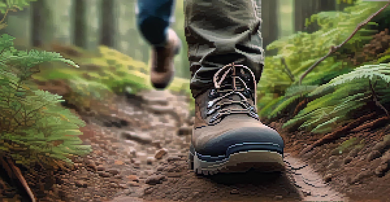 A close-up of a hiker's boot on a designated trail, highlighting soil and surrounding plants.
