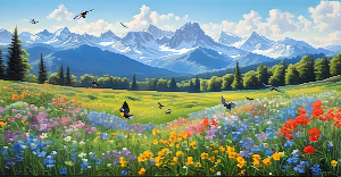 A vibrant spring meadow filled with blooming wildflowers, majestic mountains in the background, and birds flitting in the air.