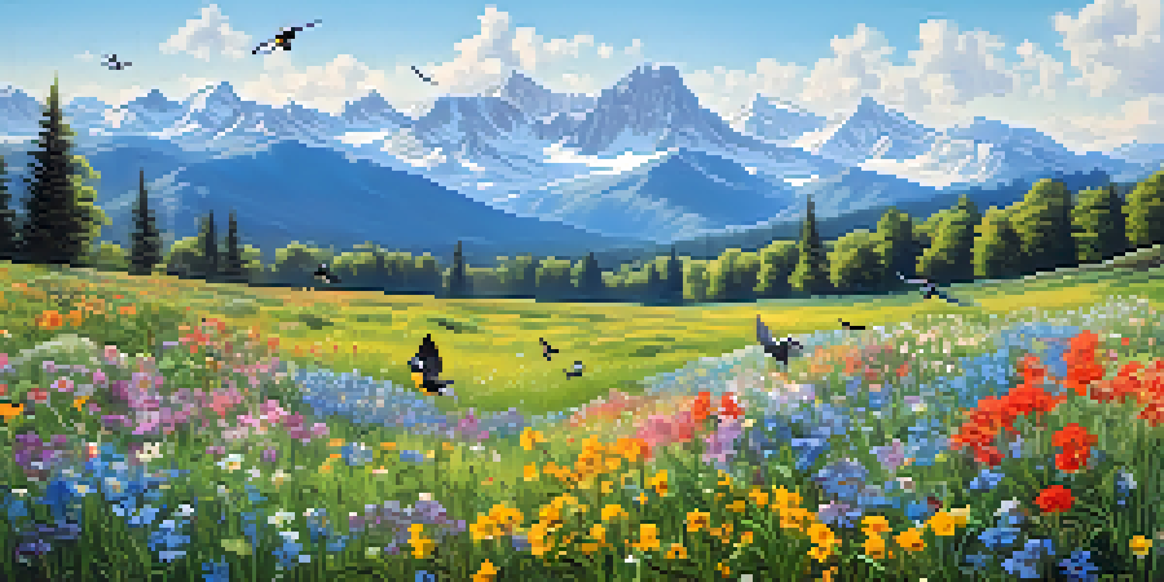 A vibrant spring meadow filled with blooming wildflowers, majestic mountains in the background, and birds flitting in the air.