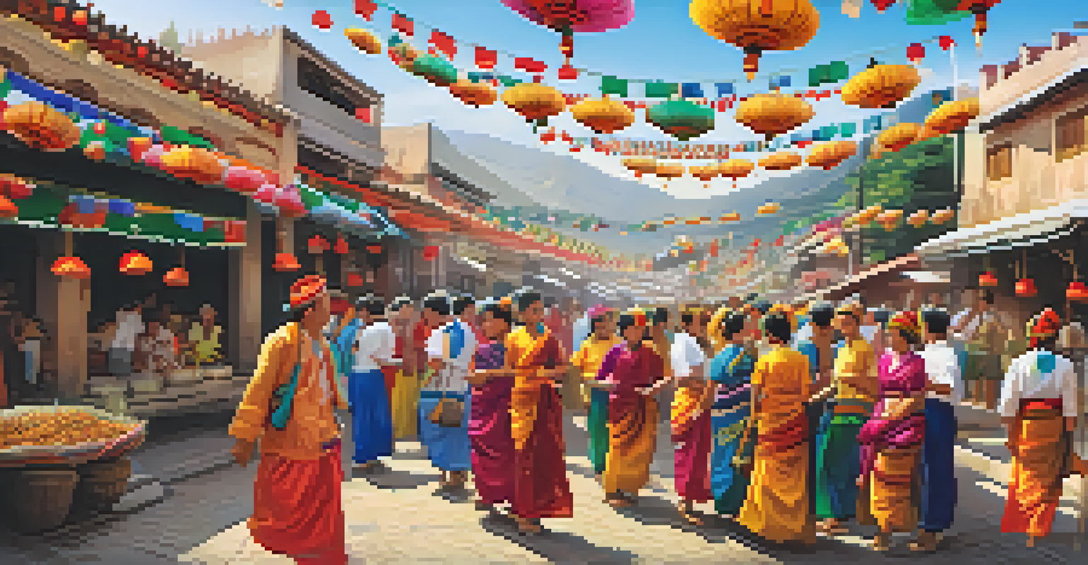 A traditional festival scene with locals dancing, colorful decorations, and travelers participating in the festivities.