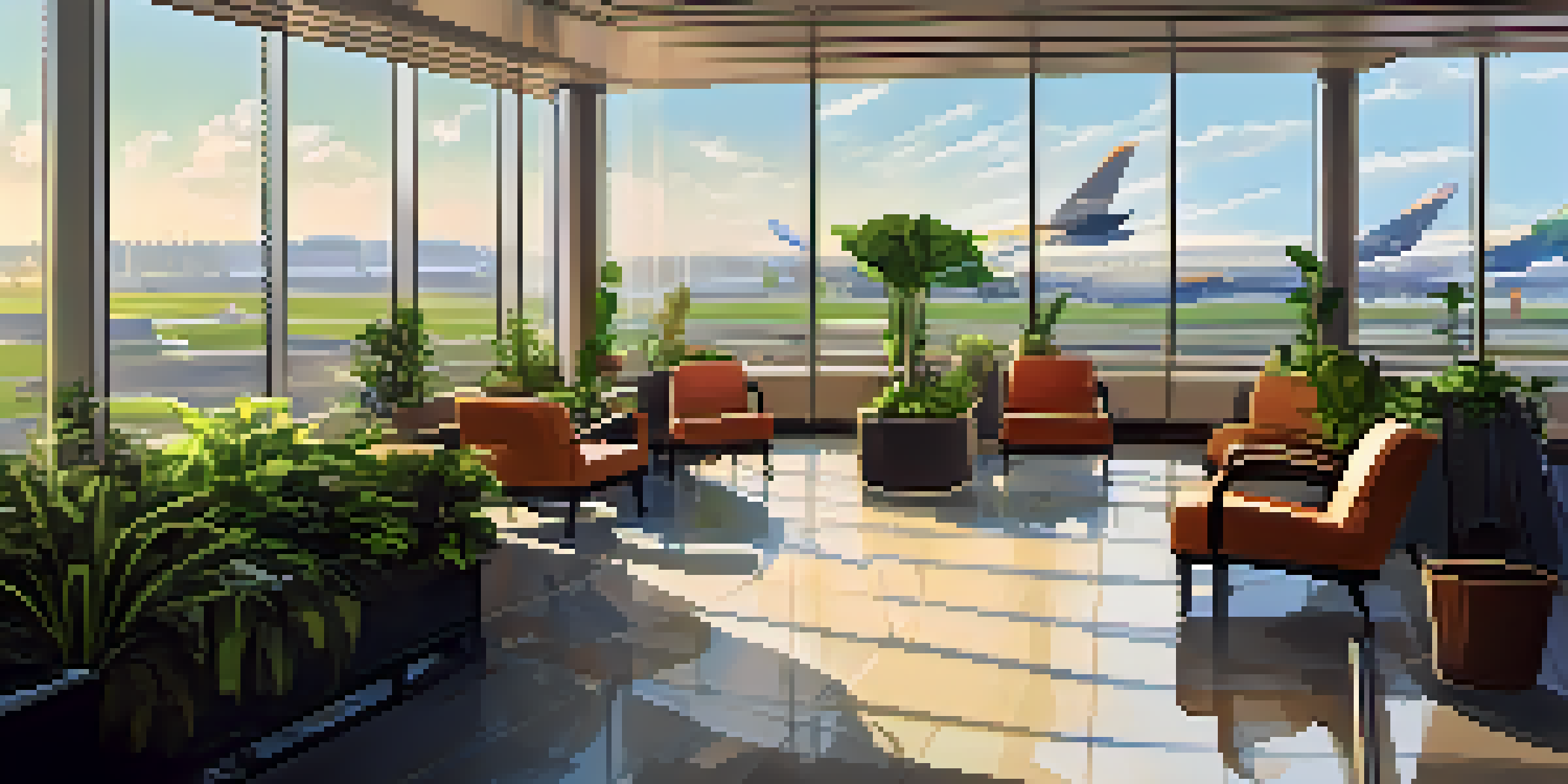 A peaceful airport lounge with comfortable seating, charging stations, and a view of the runway.