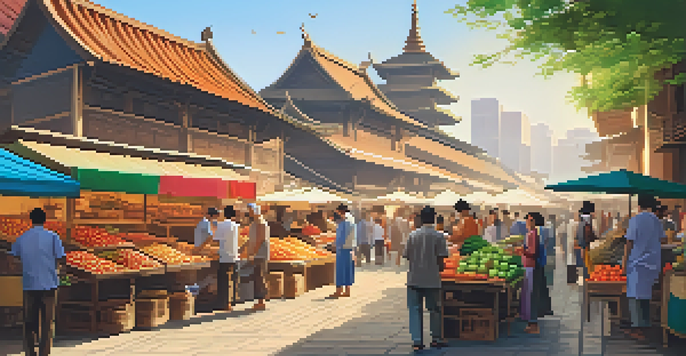 A lively local market with vendors and tourists, surrounded by colorful stalls and traditional architecture.