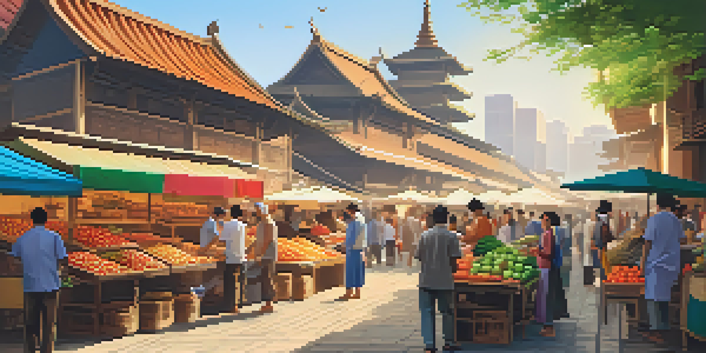 A lively local market with vendors and tourists, surrounded by colorful stalls and traditional architecture.
