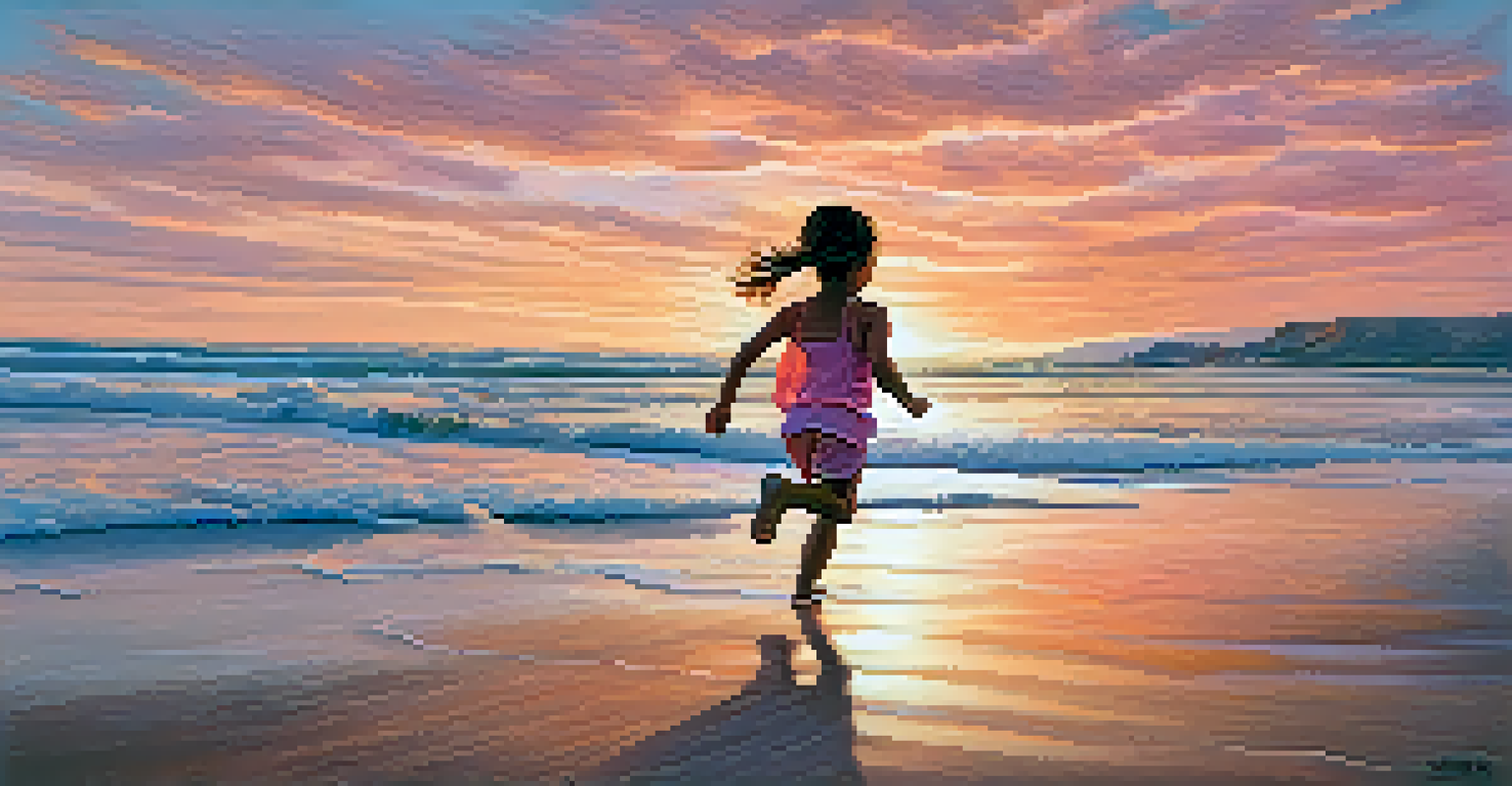 A child running along a beach at sunset, with waves splashing and a colorful sky in the background.