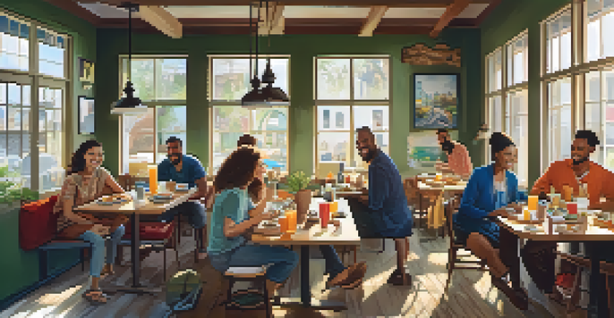 A cozy hostel common area with travelers enjoying breakfast and sharing stories, illuminated by morning light.