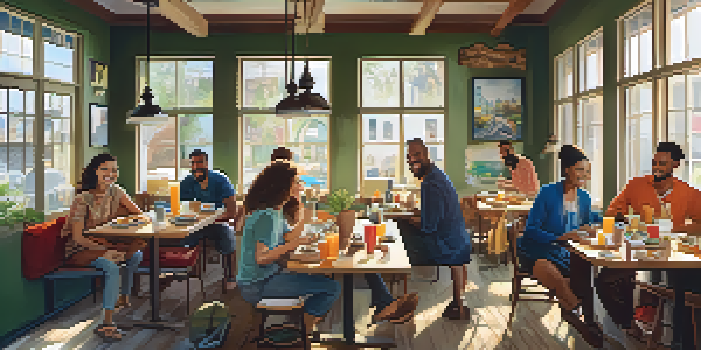 A cozy hostel common area with travelers enjoying breakfast and sharing stories, illuminated by morning light.