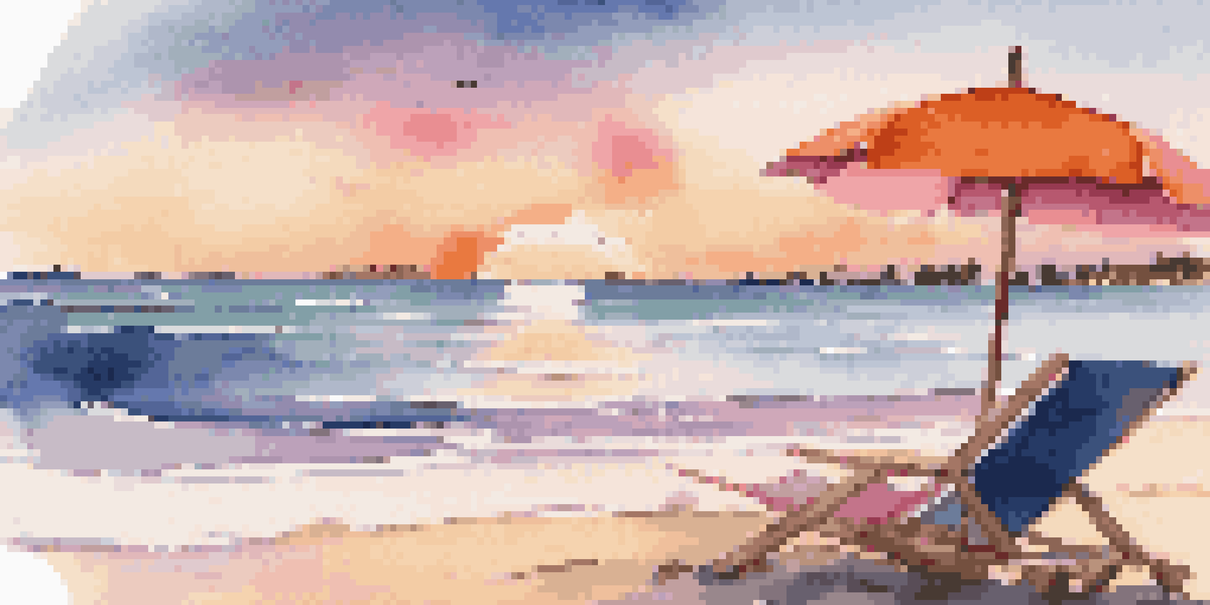 A peaceful beach at sunset with palm trees, gentle waves, and a travel book on a towel.