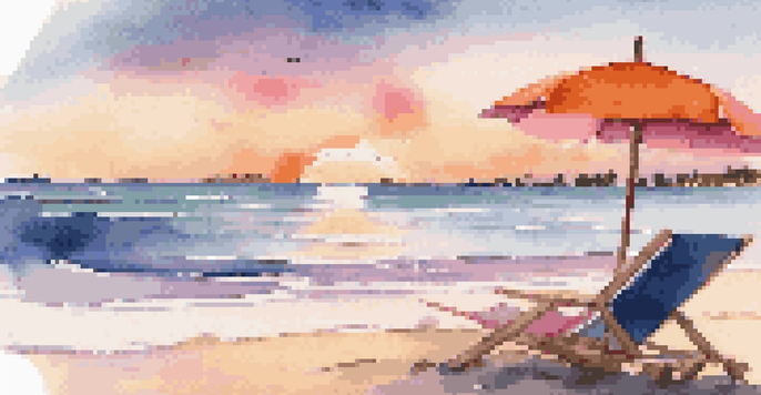 A peaceful beach at sunset with palm trees, gentle waves, and a travel book on a towel.