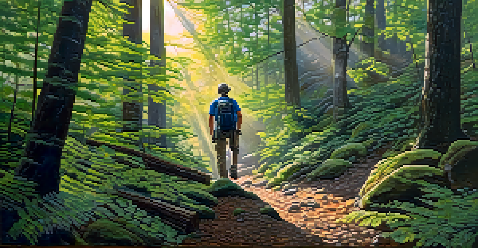 A hiker using a map and compass on a forest trail, surrounded by sunlight filtering through the trees.
