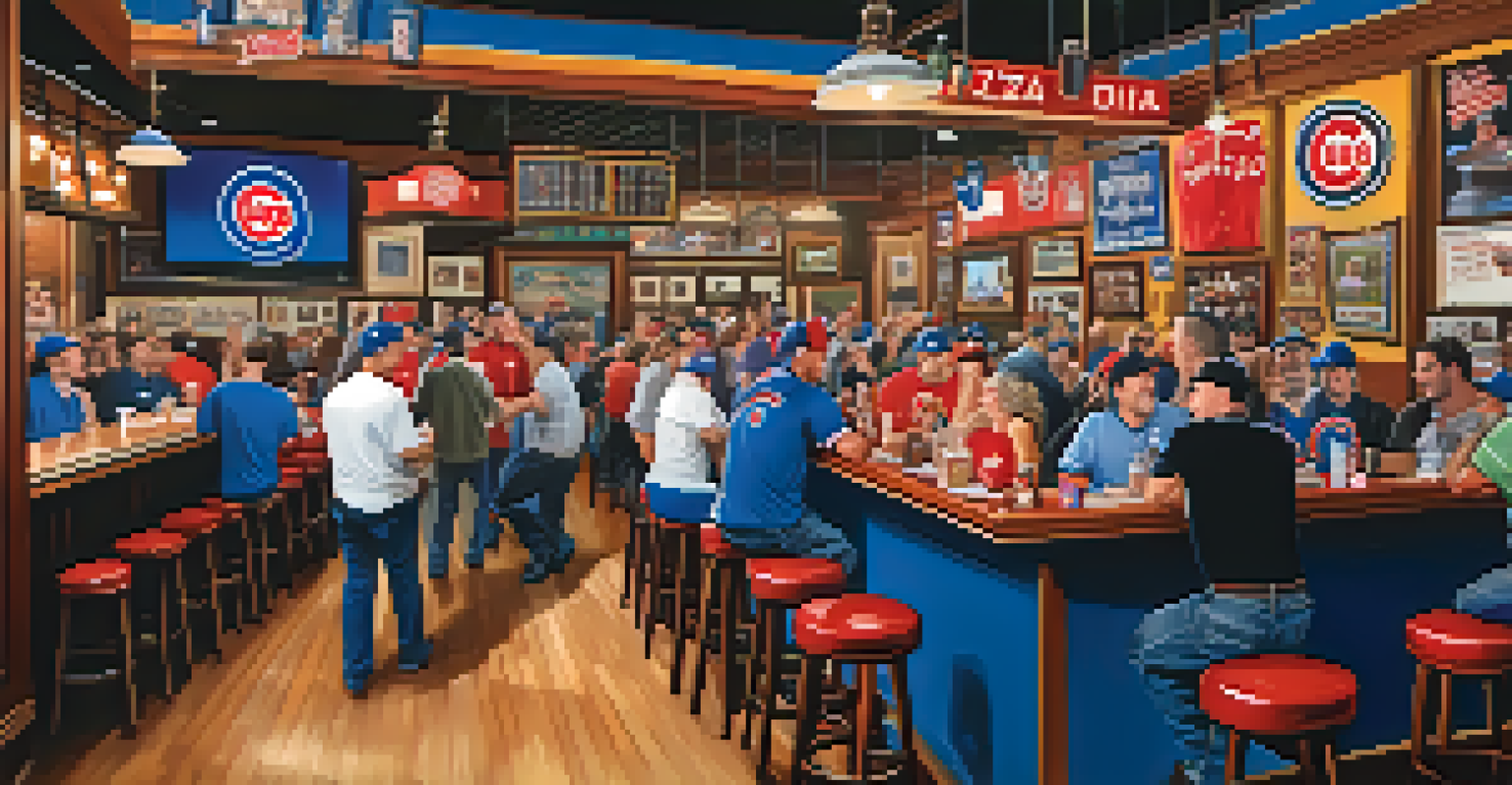 A lively sports bar in Chicago with fans celebrating a Cubs game and enjoying deep-dish pizza.