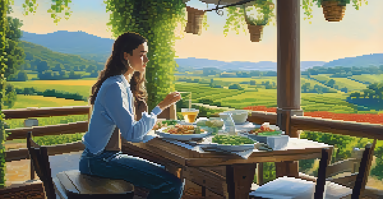 A traveler dining at an eco-friendly restaurant with a scenic countryside view, featuring fresh local ingredients.