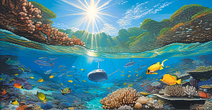 A vivid underwater scene of the Great Barrier Reef with colorful corals and fish, illuminated by sunlight.