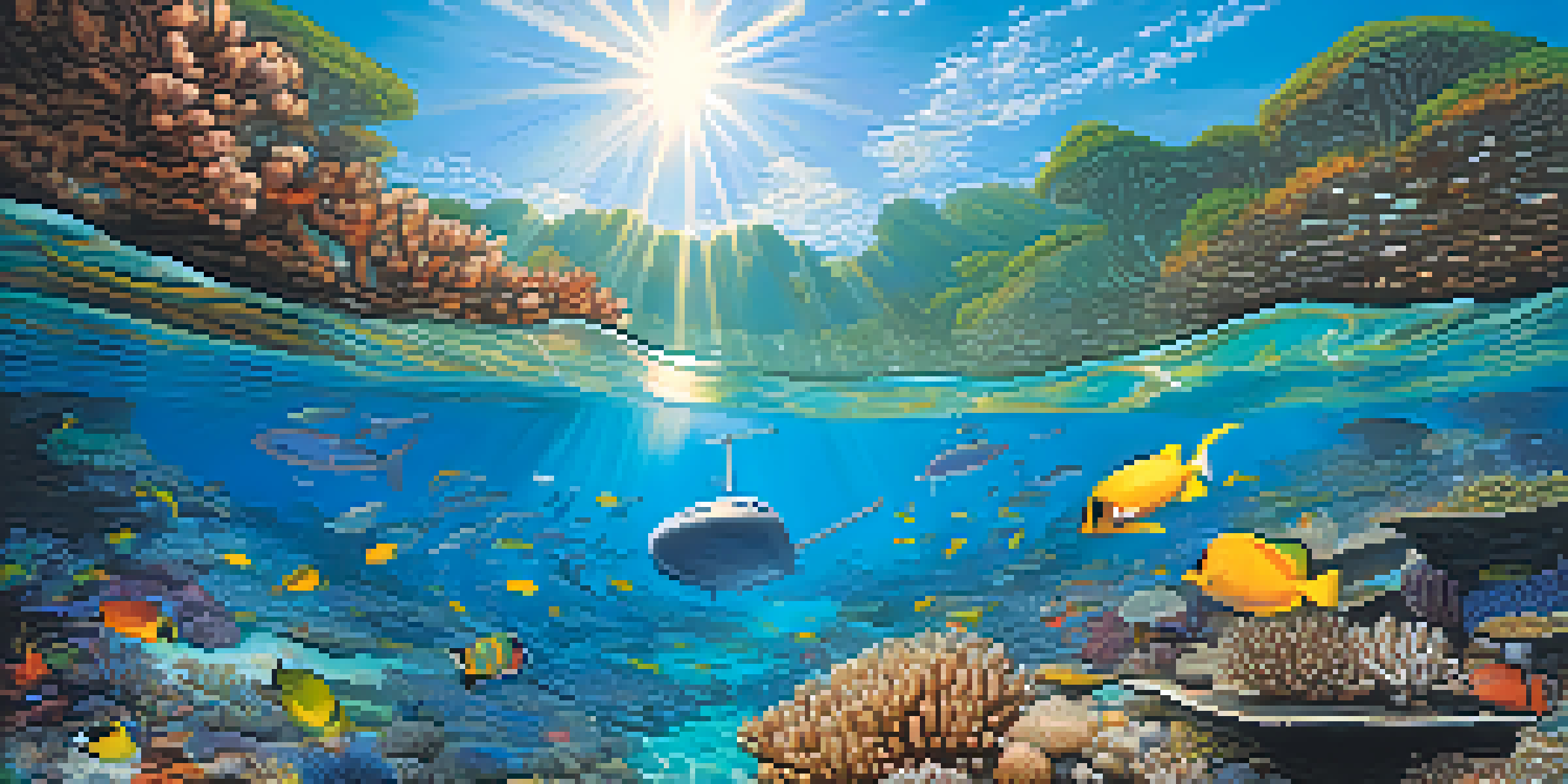 A vivid underwater scene of the Great Barrier Reef with colorful corals and fish, illuminated by sunlight.