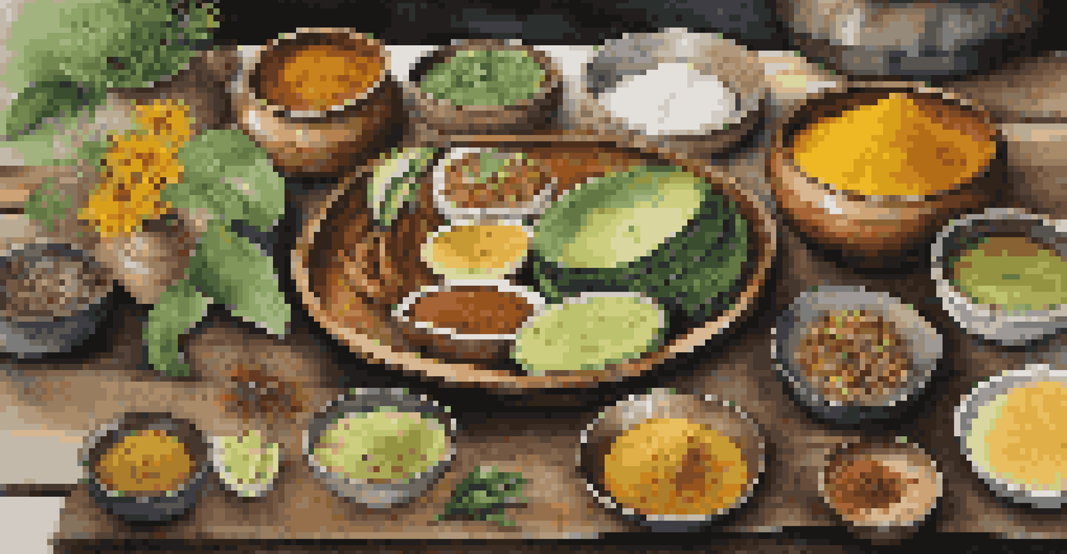 A colorful Ayurvedic meal with various dishes showcasing organic ingredients tailored to different doshas, displayed on a rustic wooden table.