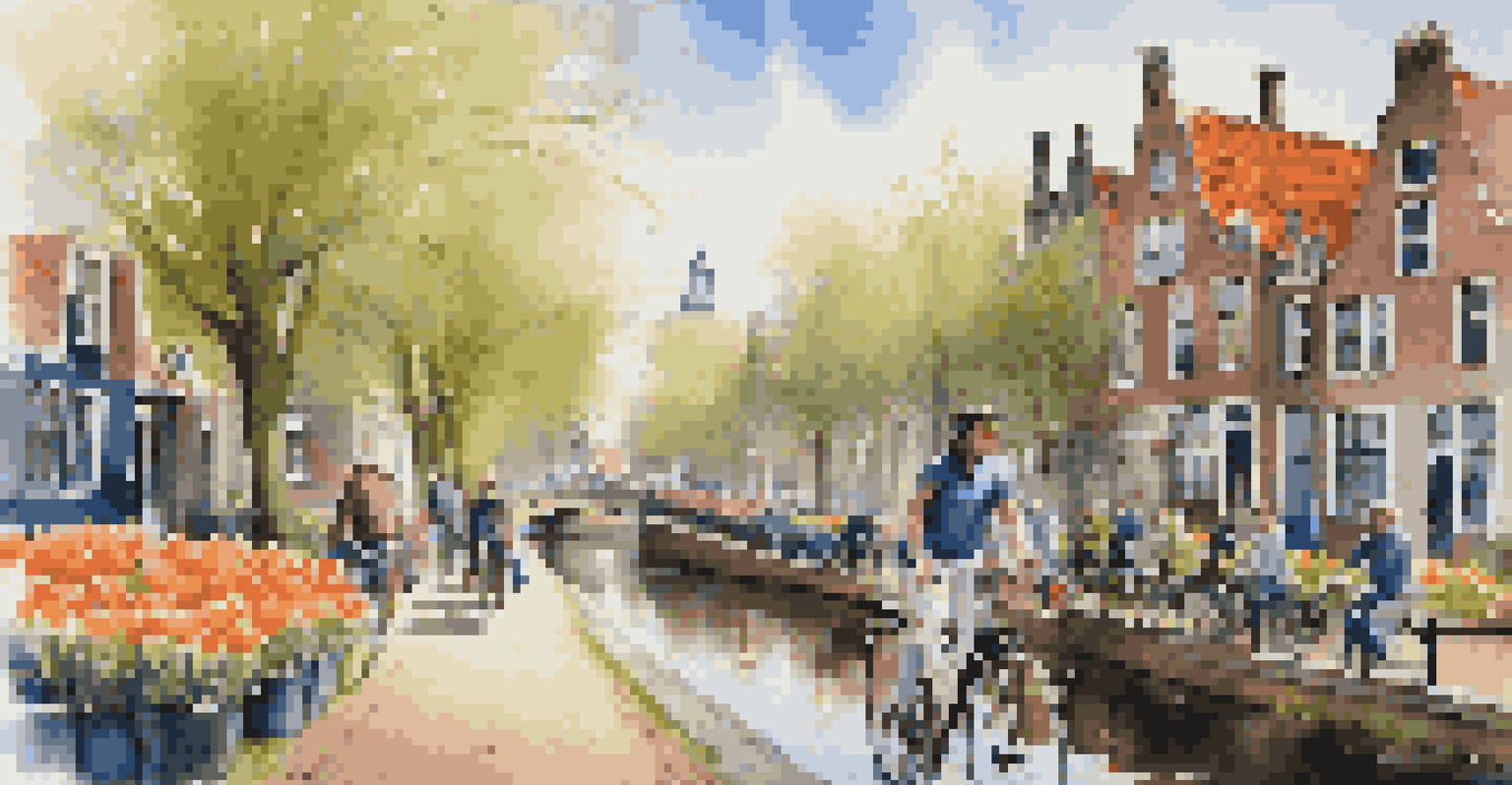 Cyclists riding along the canals in the Netherlands, surrounded by colorful tulips and traditional Dutch houses.