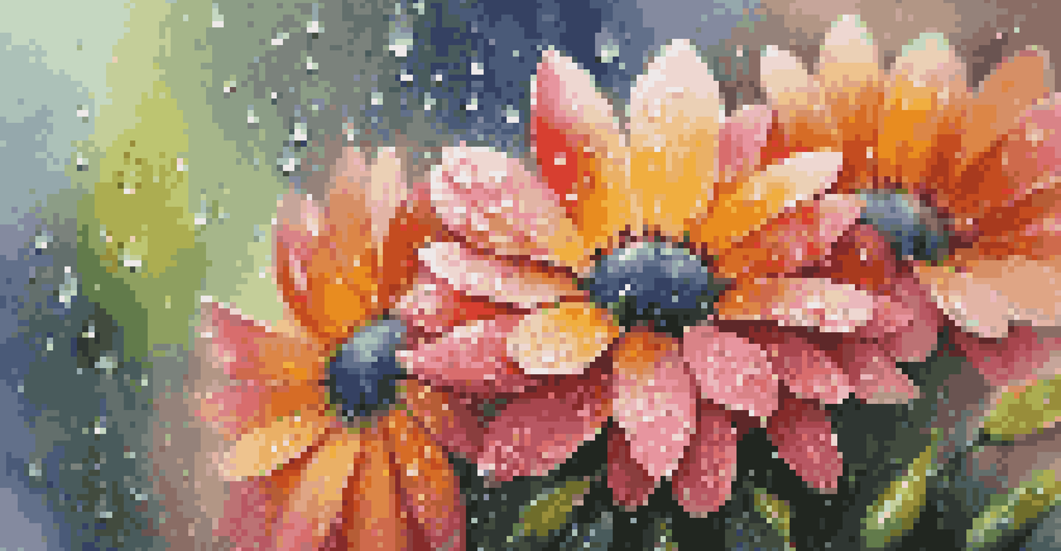 A close-up of colorful flowers with raindrops on the petals, set against a softly blurred background.