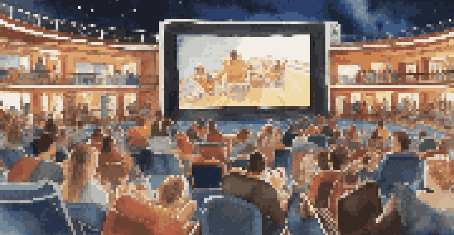 Passengers relaxing on deck chairs during an outdoor movie night on a cruise ship, with a large screen and a beautiful night sky.