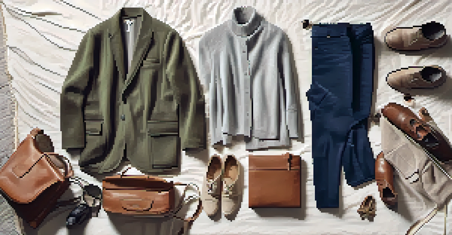 Versatile travel outfits displayed on a bed, with shoes and accessories, illuminated by natural light.