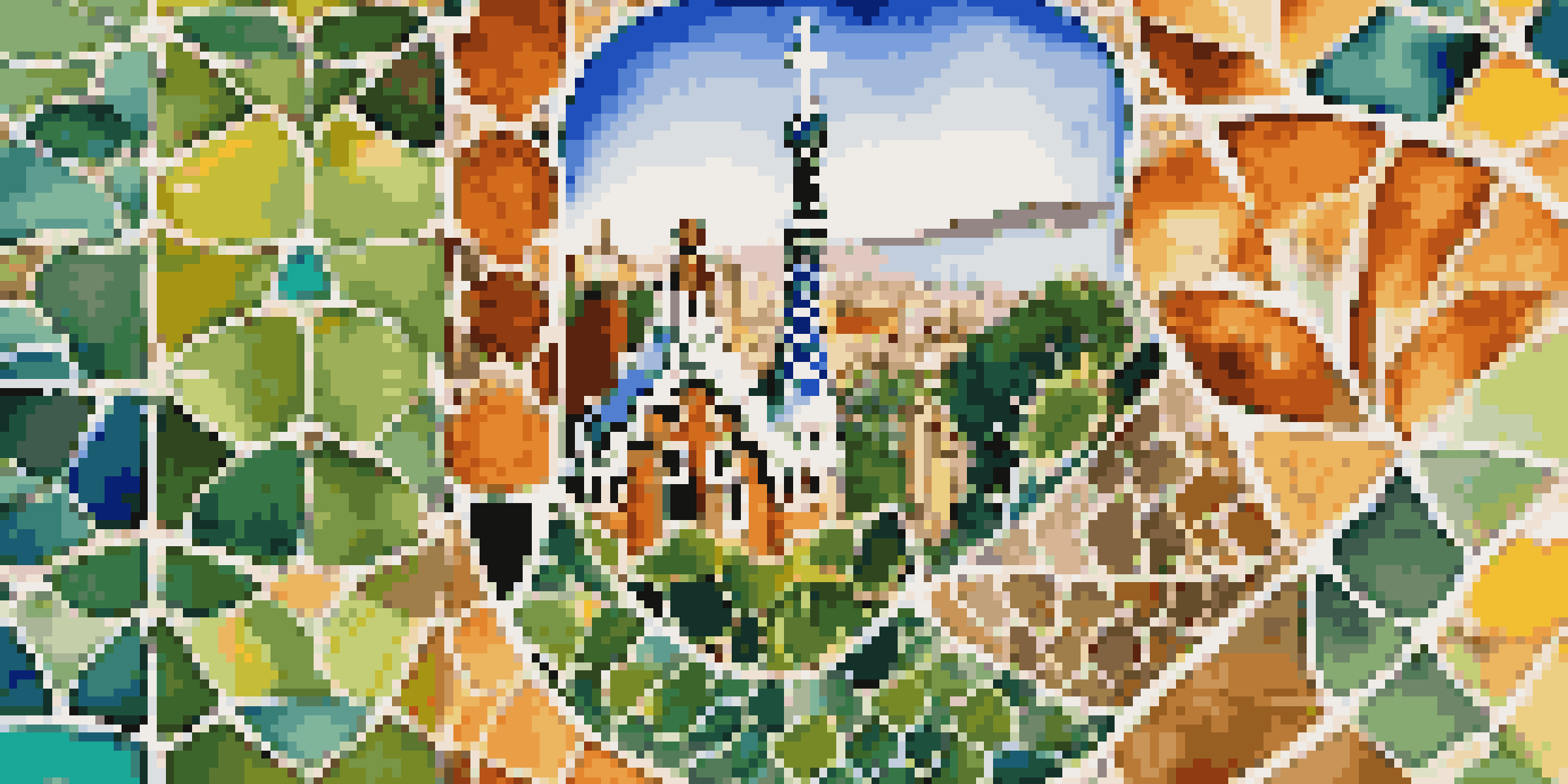 A close-up of colorful Gaudí tiles from Park Güell, displaying intricate patterns with greenery in the background.