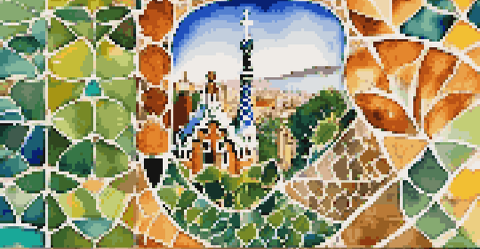 A close-up of colorful Gaudí tiles from Park Güell, displaying intricate patterns with greenery in the background.