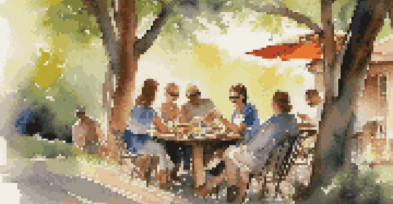 A group of friends enjoying a meal at an outdoor café, surrounded by nature and laughter.