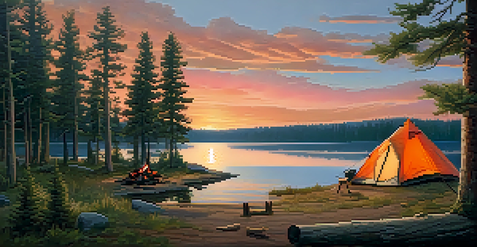 A peaceful campsite by a lake at sunset, with a tent, campfire, and fishing rods.