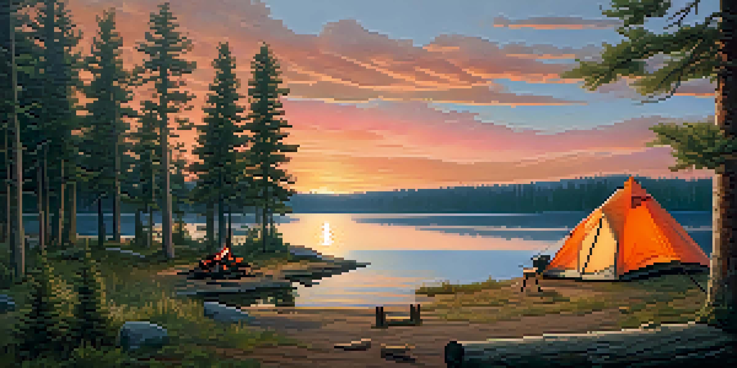 A peaceful campsite by a lake at sunset, with a tent, campfire, and fishing rods.