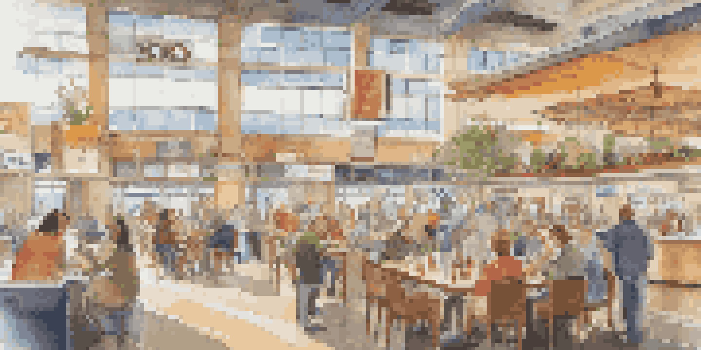 An airport terminal filled with travelers exploring food options, featuring restaurant signs and people enjoying meals.