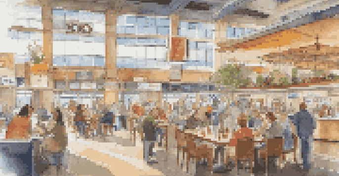 An airport terminal filled with travelers exploring food options, featuring restaurant signs and people enjoying meals.